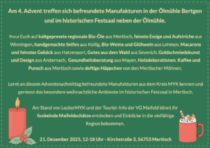 Grünes Veranstaltungsplakat mit Weihnachtsdekoration, das für ein Adventstreffen der Hersteller mit Essen, Getränken und Geschenken am 21. Dez. 2025, 12-18 Uhr, im Festsaal der Ölmühle in Mertloch.