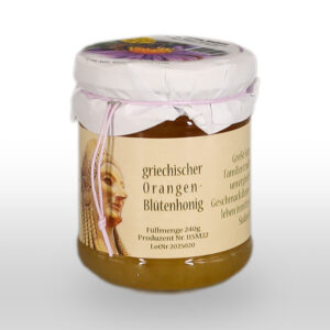 Glasgefäß mit griechischem Orangenblütenhonig mit weißem Papierdeckel und einem Etikett mit der Abbildung einer antiken griechischen Figur und Produktinformationen in deutscher Sprache.
