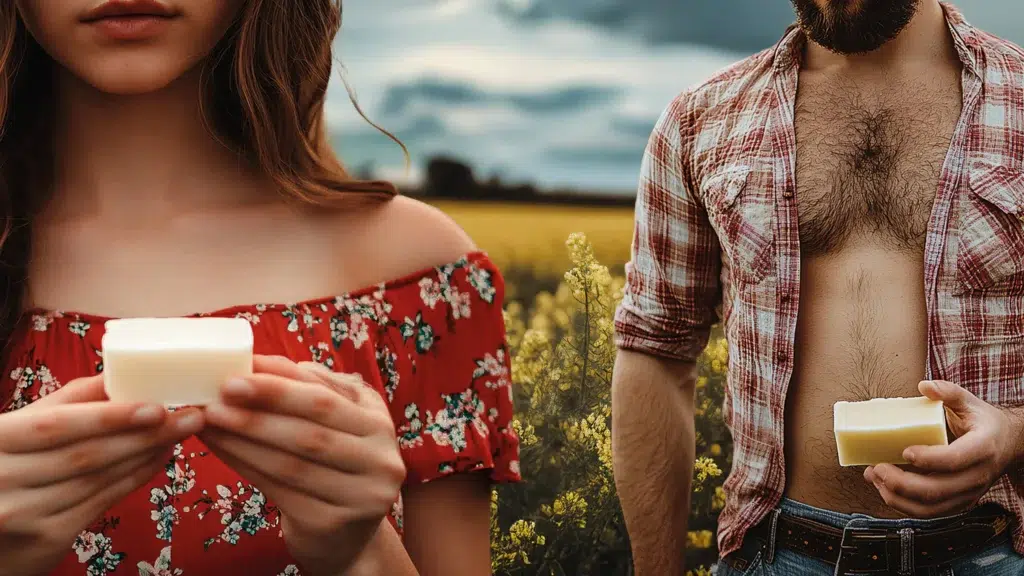 Eine Frau in einem roten geblümten Kleid und ein Mann in einem karierten Hemd stehen auf einem Feld und halten jeweils ein Stück Seife in der Hand.