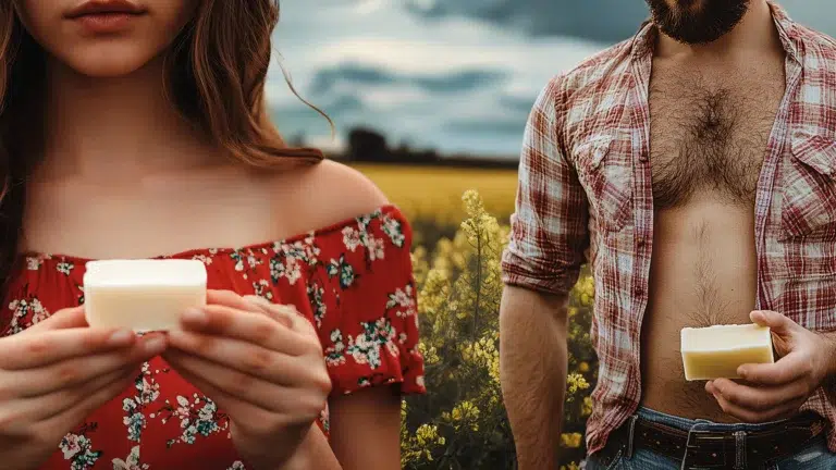 Eine Frau in einem roten geblümten Kleid und ein Mann in einem karierten Hemd stehen auf einem Feld und halten jeweils ein Stück Seife in der Hand.